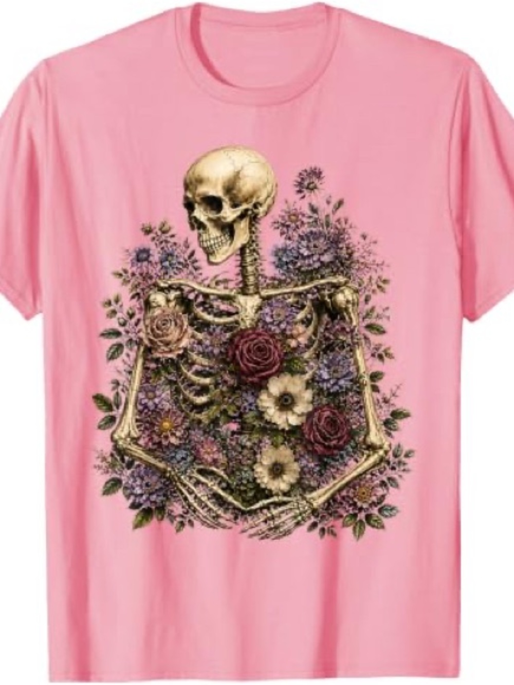 Gildan Pink Short Sleeve Tee with Floral Skeleton Graphic, Gift For Her, For Him